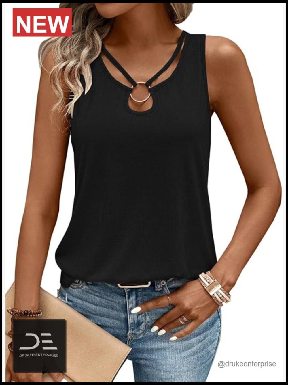 Sleeveless Ribbed Knit Tank Top with Ring Keyhole Neck